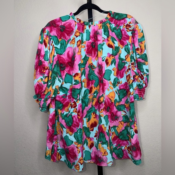 Terra & Sky Vibrant Floral Blouse - Pink, Green, Orange - Picture 3 of 4